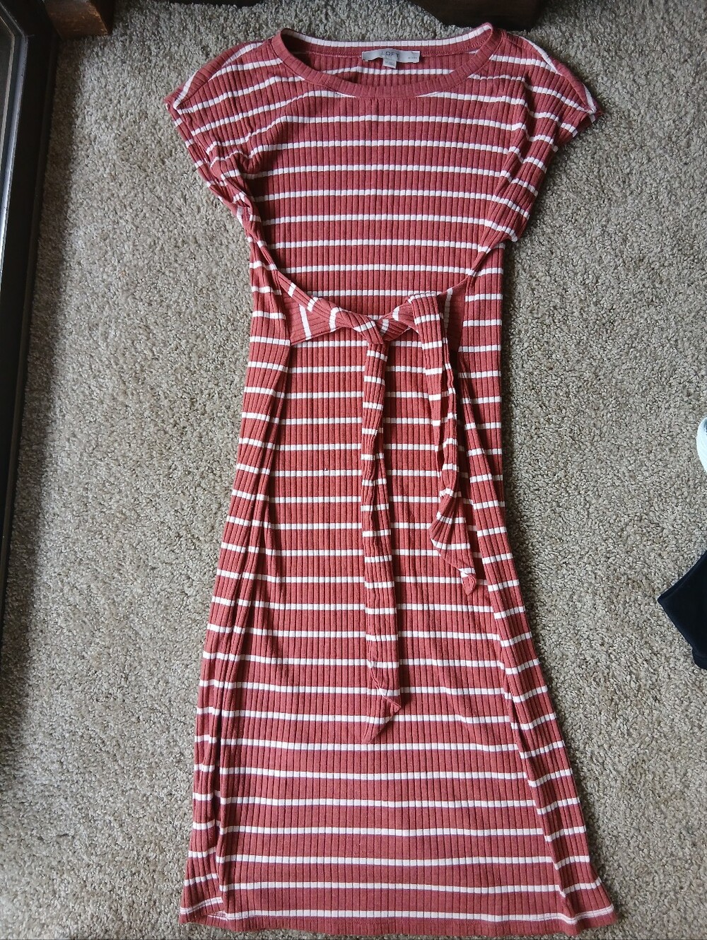 Loft Striped Rust and White Midi Dress with Tie Waist